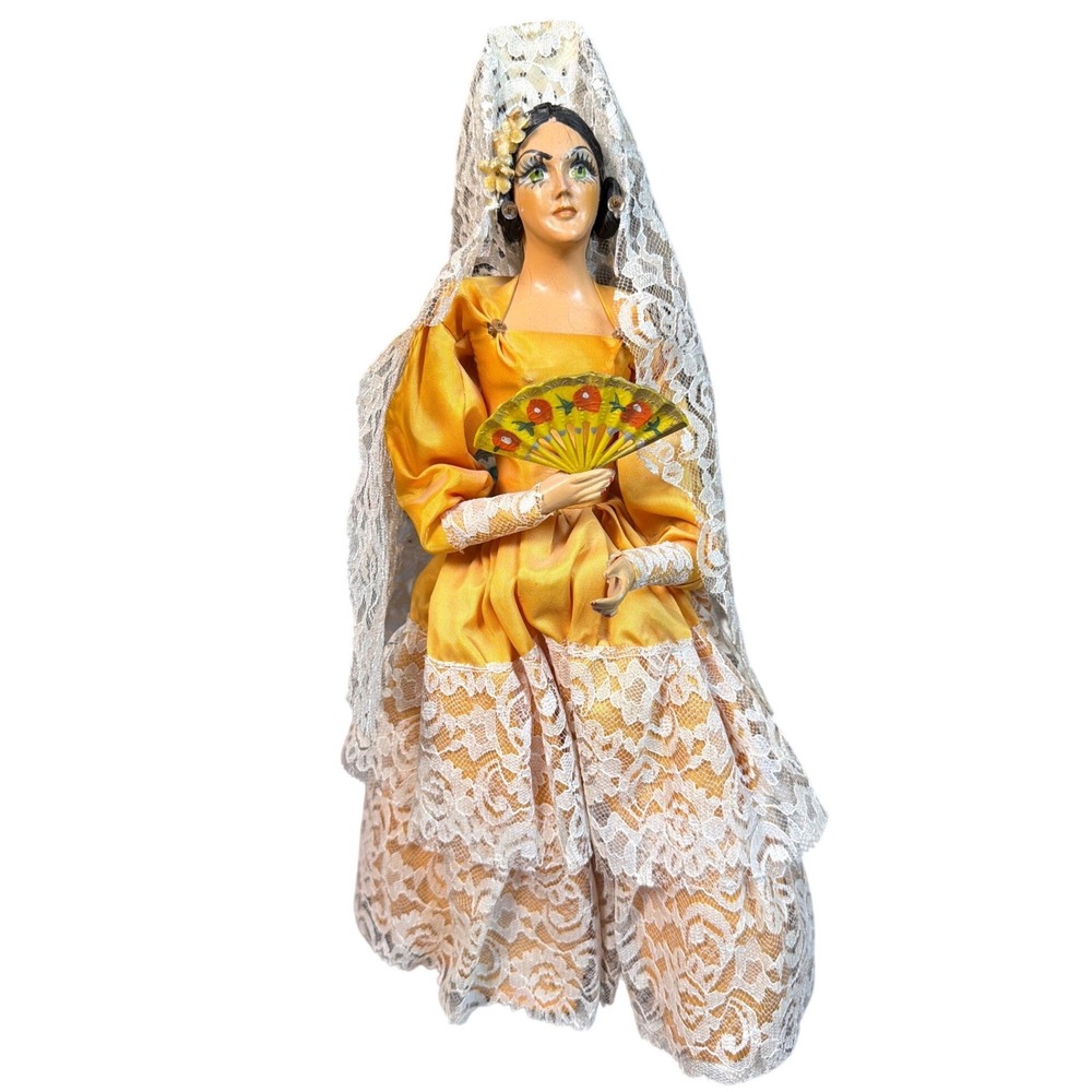 Vintage Spanish Flamenco Souvenir Doll Yellow Satin Lace Mantilla 13 Inch Spain